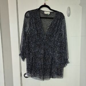 Anthropologie Sheer V-Neck Tunic in Blue and Black Print